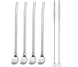 4pcs Edelstahl-Trinkhalme mit Filterlöffel, YiXuTag Teestrohhalme, Mate Bombilla, Kaffee-Rührstab für Eistee, Cocktail, mit 2 Reinigungsbürsten (Silber)