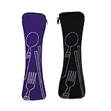 Mnsconkl Bestecktasche,Bestecktasche für Unterwegs 2 Stück Tragbare Neopren Bestecktaschen Leer mit Reißverschluss Besteck Camping Geschirr Waschbar Schule Picknick Besteck to go Taschen Schwarz Lila