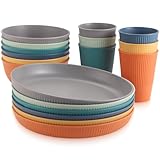 Anbte 18 Teiliges Geschirrsets Unzerbrechlich aus Kunststoff für 6 Personen Camping Geschirr Set 6-Farben Leichtes Küchengeschirr Set mit Tragtasche ideal für Picknick Camping Garten Wiederverwendbar