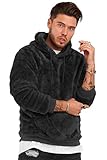 behype. Herren Teddy-Fell Kapuzen-Pullover Sweatshirt weicher Hoodie mit Kapuze Fleece-Jacke 40-4705 Schwarz L