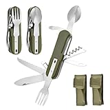 2 Stück Campingbesteck Klappbar Set, 9 in 1 Bundeswehr Besteck Set mit Lampe,Abnehmbarer Edelstahl Klappbesteck Set mit Oxford Tasche, Camping BesteckSet für Camping, Wandern, Picknick und Reisen