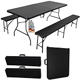 CHEFGASTRO Bierzeltgarnitur klappbar 180cm breit 3-teilig 1x Buffettisch 2X Bierbänke mit Tragegriffe Kunststoff wetterfest Gartenmöbel-Set Gartengarnitur Camping Klapptisch Gartentisch