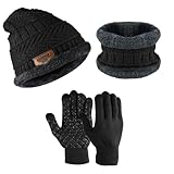 PERFETSELL Wintermütze Set Warm Strickmütze Beanie Winter Mütze Fleece Haube Damen Herren Loop Schal Nackenwärmer und Touchscreen-Handschuhe für Winter Outdoor Sport (Schwarz)