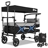 Sekey Bollerwagen Faltbar mit Dach 2 Kinder 100KG, Faltbarer Bollerwagen Handwagen Schiebegriff, Kinderwagen Stoßfest PU-Räder mit Bremsen 110L, SS5050, Grau mit Schwarz