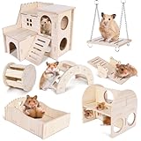 BYZESTY Hamster Haus aus Holz, Hamster Spielzeug, 7 Stück DIY Haus für Meerschweinchen Holz, Hamster Haus Glockenrolle Brücke Wippe Schaukel Hamster Zubehör für Rennmäuse Zwerghamster Chinchillas