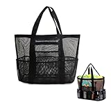Faltbare Strandtasche-Große Netz Strandtasche Familie- Mesh Badetasche Netztasche für Sandspielzeug Handtaschen, mit Wasserdicht Taschen,für Strand, Urlaub, Reise,Fitnessstudio