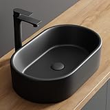 Planetmöbel Aquil Elegant Waschbecken Oval | Aufsatzwaschbecken für Badezimmer und Gäste-WC | Handwaschbecken ohne Hahnloch und Überlauf | Schwarz, 55 x 34 x 14 cm