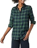 Amazon Essentials Damen Langärmliges leichtes Kariertes Flanellhemd in klassischer Passform, Dunkelgrün Marineblau Mittlere Karo, L