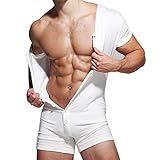 Muscle Alive Herren Unterwäsche Kurzarm Strampler Overall Henley Jumpsuit Stretchy Cotton Ramper Weiß L