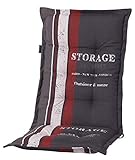 Madison 8 cm Luxus Hochlehner Auflage G 148 Storage Red, grau mit rotem Streifen und Schrift, 120 x 50 x 8 cm