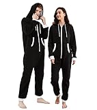 Dodheah Unisex Onesie Schwarz Pyjama Einteiler Overall Jumpsuits Nachtwäsche Familie Loungewear mit Kapuze Reißverschluss Schwarzer Weißer-M