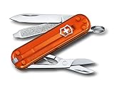 Victorinox Schweizer Taschenmesser, Klein, Classic SD, Multitool, Swiss Army Knife, Geschenk, 7 Funktionen, Klinge, Nagelfeile, Orange Transparent