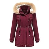 YFFUSHI Wintermantel Damen Warm Dicker Winterparka mit Fellkapuze Fell Kapuze Outdoor Jacke Mantel Oversized für Winter,Rot,M