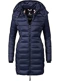 MARIKOO Damen Wintermantel Warmer Steppmantel lang mit Abnehmbarer Kapuze Abendsternchen Blau Gr. XL