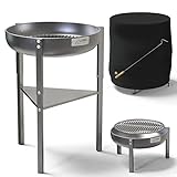 Edelstahl Feuerschale 60cm V2A / 304 18/8 Stahl 3 Höhen Set Abdeckhaube Feuerrost Feuerhaken Klöpperboden Feuerstelle Outdoor Grill Terrassenfeuer Rund Dreibein Garten Grillschale Feuerkorb Terrasse