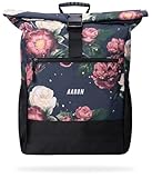 AARON Rolltop Rucksack Damen, mit Laptopfach, inkl. AirTag Halter, Daypacks, Rollrucksack aus recycletem PET für UNI, Reisen, Alltag, Rolltop Backpack mit Blumenmuster