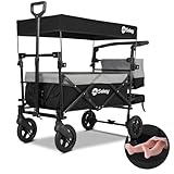 Sekey Faltbarer Bollerwagen mit Dach 2 Kinder, Bollerwagen Faltbar Kinder 150KG Tragkraft mit stoßfesten PU-Rädern, Handwagen mit Schiebegriff, Upgrade-Version TP5050, Schwarz mit Grau