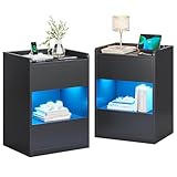 AOGLLATI Nachttisch mit LED-Beleuchtung und Ladestation, Nachtschrank mit 2 Schubladen und 1 Fach Beistelltisch mit Steckdosen Sofatisch für Schlafzimmer, Wohnzimmer 40x35x60cm (2, Schwarz)
