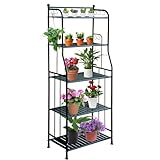 CXRYLZ-FUR Blumenregal Metall, 5 Tire Schwarz Pflanzenständer mit 10 Haken, Pflanzenregal Blumenständer Lagerregal Blumentreppe Pflanzentreppe Gartenregal Plant Stand für Indoor Outdoor Balkon Küche