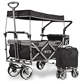 IMLEX Bollerwagen faltbar mit Dach IM-4268 Schwarz | Hohe Stabilität, 1X 3-Punkt Gurtsystem | Handwagen klappbar mit Schiebegriff ideal für 2 Kinder