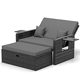 UDPATIO Rattan Lounge Möbel Outdoor, Lounge Balkonmöbel Gartensofa mit Hocker,Rattan Sofa mit Stauraum, Verstellbares 2 Sitzer Garten-Bett für Terrasse,Balkon,Garten,Grau-meliert & Dunkelgraue Bezüge
