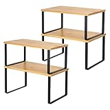 LIANTRAL Küchenschrank Organizer 4er-Set, Küchenregal, Küchen Organizer aus Metall und Bambus, Erweiterbar und Stapelbar Schrank-Organizer Gewürzregale, kleines Regal, Schwarz und Naturfarben