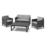 Allibert by Keter Chicago Lounge Set für 4 Personen, 2-er Sofa, 2 Gartensessel mit Rückenkissen und höhenverstellbarem Lyon Tisch, graphit/cool grau, wetterfest