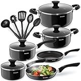 tectake® 15tlg Set mit 5x Küchenhelfer, 2x Pfanne, 4x Topf, jeweils mit Deckel, Kochtopf Set Antihaft Beschichtung, Töpfe + Pfannen aus Aluminium, Zubehör für Haushalt, Camping und Küche