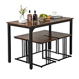 SOARS Esstisch mit 2 Hockern & Bank, 4er Set Küchentisch 120 x 60 x 75 cm, industrielle Essgruppe mit rostfreier Metallstruktur, Tisch mit 3 stühlen Set für Wohnzimmer, Esszimmer (Braun)
