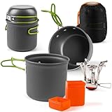 Kochset Camping Topf Set, Shayson Camping Kochgeschirr mit Gaskocher, Outdoor Kochgeschirr Topf Geschirr Set, 1-2 Personen Tragbar Mini Aluminium Faltbare Besteck Campingkocher für Picknick Kochen