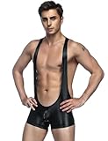 ohyeahlady Borat Anzug Männer PU-Leder Mankini Badeanzug Herren Sexy Boxershorts Wetlook Bodysuit Große Größen Dessous Erotische Reizwäsche Strand Bodysuit Unterhosen T-Back Schwarz L