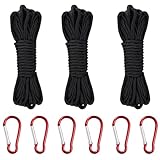 3 Schwarz Nylonseil 10M, Dick Nylon Outdoor Seil, Schlauchboot Seil, Statisches Kletterseil, Paracord Seil Schwarz mit 6 Bergsteigerschnallen, Multifunktional Outdoor Seil für Camping, Draußen, DIY