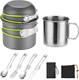 Camping Kochgeschirr Mess Kit für 1 Person, ISFORU Camping Antihaft-Kochset enthalten Rucksack Topf und Pfanne Set mit 304 Edelstahl Tasse und Utensilien Set für Reisen Trekking und Wandern