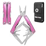 Swiss+Tech Multifunktionszange 16-in-1 Faltbare Multitool Werkzeug Edelstahl Multifunktionswerkzeug mit Schere Messer Säge Flaschenöffner Schraubendreher für Outdoor Reparieren mit Tragtasche Rosa