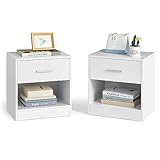 VASAGLE Nachttisch, 2er Set, Beistelltisch, mit Schublade, Griff, offenes Fach, Couchtisch, für Schlafzimmer, Wohnzimmer, klassikweiß LET819T14