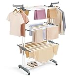 SONGMICS Wäscheständer, Standtrockner 4 Ebenen, Flügelwäscheständer, klappbare Flügel, mit Rollen, 63,5 x 128 x 173 cm, groß, einfacher Aufbau, für Innen- und Außenbereich, weiß LLR701W01