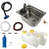 madelee Camping Spülbecken/Waschbecken Set aus Edelstahl 32,5 cm x 26,5 cm x 15 cm mit Armatur 'London' 12 V, 25 mm Anschluss, 12 V Wasserpumpe, Abwasserschlauch, 2 x 12 L Wasserkanister Ausbau