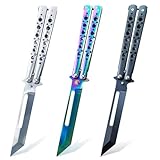 Sporgo 3 Stück Butterfly Trainer: Butterfly Messer zum Üben Ungeschärfte Klinge, Butterfly Kamm Edelstahl für Trainingsmesser AnfäNger-Der Flipping Tricks üBt (Schwarz + Weiß+ Farbe)