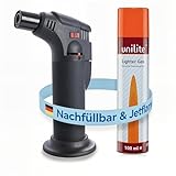 UNILITE Feuerzeug MIT Gas – Sturmfeuerzeug Gas Brenner mit Jet Flamme – nachfüllbar – 100 ml Nachfüllgas im Set – Jetflame – Nachfüller – Elektronik Feuerzeug – In 4 Farben erhältlich (Schwarz)