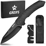 GREIFS® Klappmesser G1 (Zweihandmesser) mit Messerschärfer und Tasche, EDC Messer Outdoor & Survival Taschenmesser, Überlebensmesser, Jagdmesser (Black)