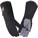 WZQH 40 cm, Leder Grillhandschuhe, Feuerfester Hitzebeständige Mitts für Schweißen, Feuerwehr, Kamin, Ofen, Backen, Herd, Topfhalter, Tierbehandlung. Grau-schwarzer Großer Feuerfest Handschuh