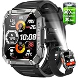 IOWODO Militär Smartwatch Herren,100 Tage Akku, LED Taschenlampe, Bluetooth-Anrufe, Fitness-Tracker,100+ Sportmodi, Herzfrequenz-&SPO₂-Monitor, IP68 Wasserdicht, Schlafüberwachung