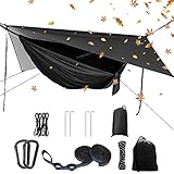 Camping Hängematten Set, Einzel Doppel Hängematte, Moskitonetz, Insektennetz, Regenfliege, hochfestes Fallschirm Stoff Hängebett. Geeignet für Outdoor, Wandern, Camping, Reisen Schwarz