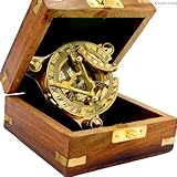 KHUMYAYAD-Messing-Kompass. Eleganter, traditioneller 7,6 cm großer nautischer Sonnenuhr-Kompass aus antikem Messing mit exquisiter Holzbox.