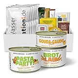 ration1 Langzeit EPa Nudeln in Tomaten-Basilikum Soße, vegan & laktosefrei, Premium Tagesration, Einmannpackung wie EPA Bundeswehr, Konserven (Fertiggericht Gouda Dosenbrot) & Wasser 10 Jahre haltbar