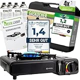 GREEN CAMP® Gaskocher inkl. 4 Kartuschen - Campingkocher mit Piezozündung - Camping Gaskocher stufenlos regulierbar - Gaskocher Camping 1-Flammig