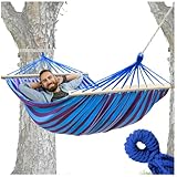 ZOLTA Hängematte 200x80cm mit Querstange 60 cm - Indoor- und Outdoor - Hängeschaukel - Gartenzubehör - Camping Zubehör - Hängender Schaukelstuhl - Häng Hammock für Kinder und Erwachsene - Blau/Rot
