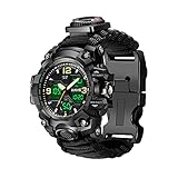 23-in-1 Survival-Digitaluhr für Herren, taktische Multifunktions- und Verstellbares Armband, Outdoor, wasserdicht, Sport, Dual-Zifferblatt mit Kompass, Paracord-Band, Schwarz