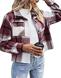 Zeagoo Hemdjacke Damen Kariertes Holzfällerhemd Shacket Mantel Jacke Herbst Winter Hemdjacke Flanellhemd Karierte Hemd Rotwein XL