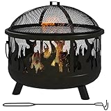 Outsunny Feuerschale Ø61 x 55cm aus Metall Feuerstelle mit Funkenschutz Schürhaken Grillrost Feuerschalen für Garten, Balkon Terrasse, BBQ Camping Schwarz